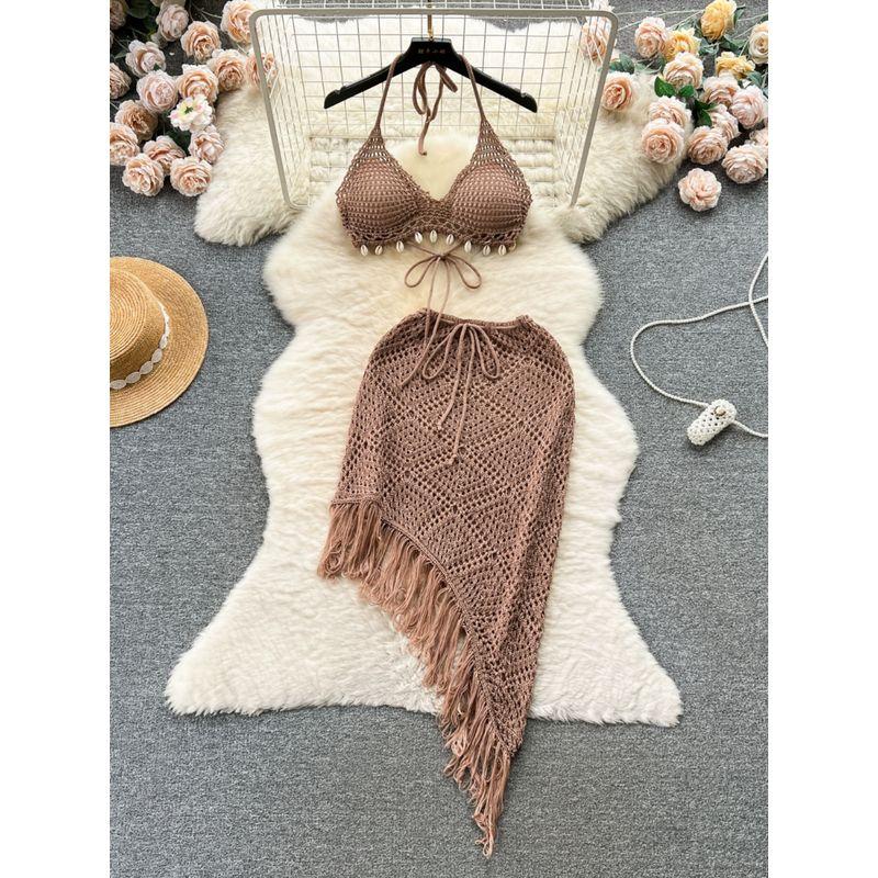 Hong Kong Style Vacation Style Suit Women's Stylish Bikini Halterneck Vest All-Matching Tassel Skirt Knitted Two-Piece