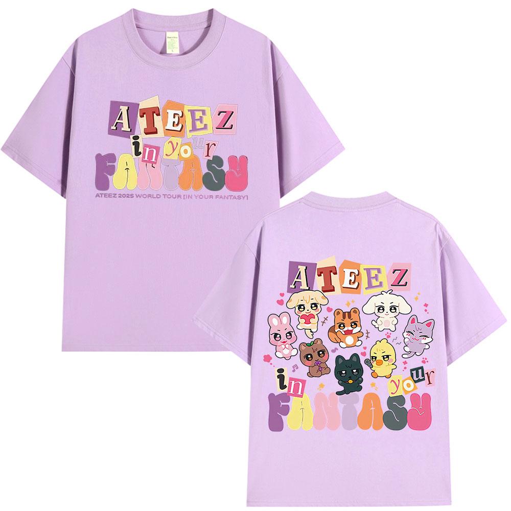 Cute Ateez 2025 World Tour in Your Fantasy T Shirt Fan Gifts Korean Kpop Fashion T-shirt Men Women Cotton Short Sleeve T-shirts