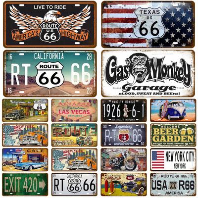 Targa Vintage Antica Bar Pub Man Cave Segno in Metallo Poster Route 66 Segno in Latta Aria Benzina Decorazione Murale per Casa Camera da Letto Arte