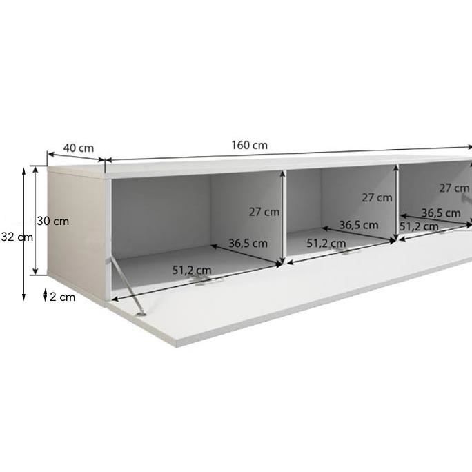 Meuble TV - LUKE H2 - 160 X 32 X 40cm - Blanc Finition Brillante - 3 Compartiments