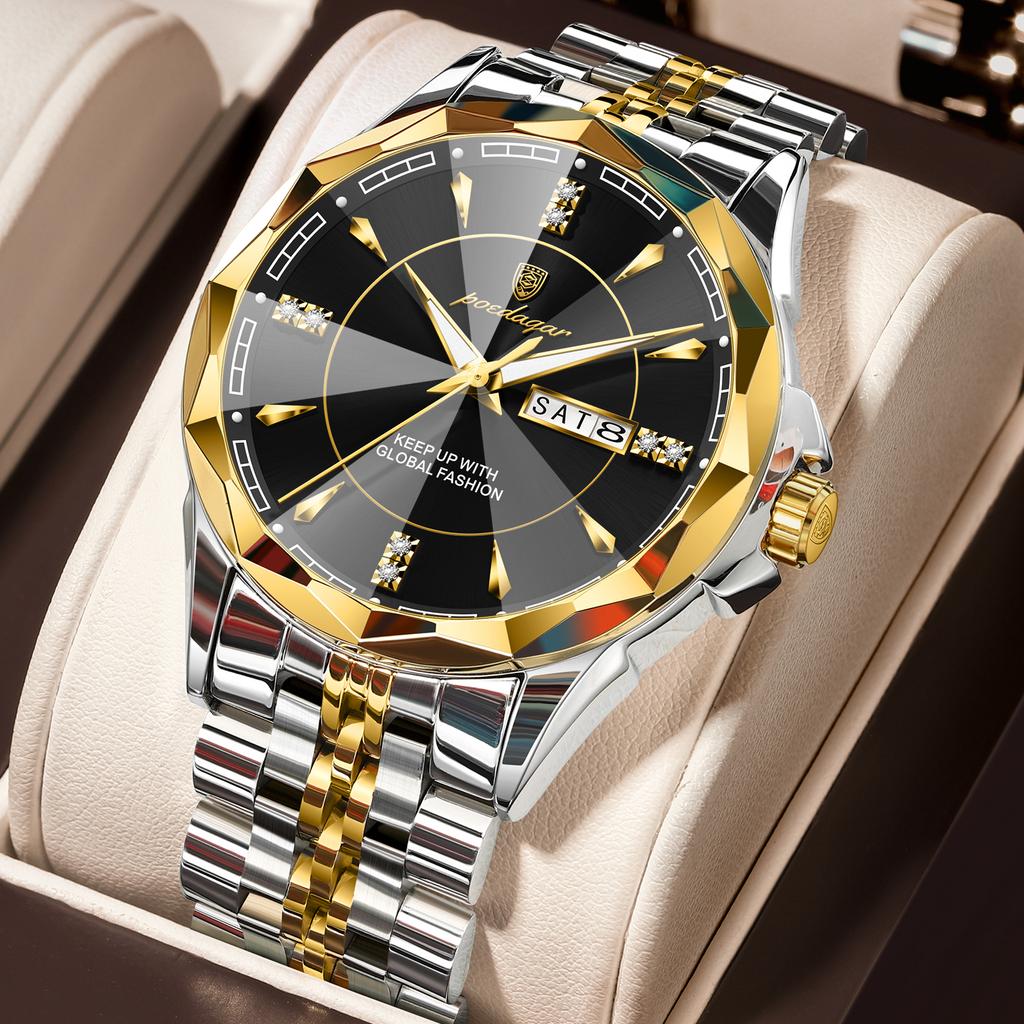 POEDAGAR Top Fashion Man Clock Business Waterproof Luminous Date Week Wristwatch Quartz Stainless Steel Casual Watches