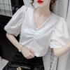 Women's V-neck Beaded Embossed Chiffon Shirt Summer Fashion Versatile Loose and Slim Bubble Short Sleeve Tops