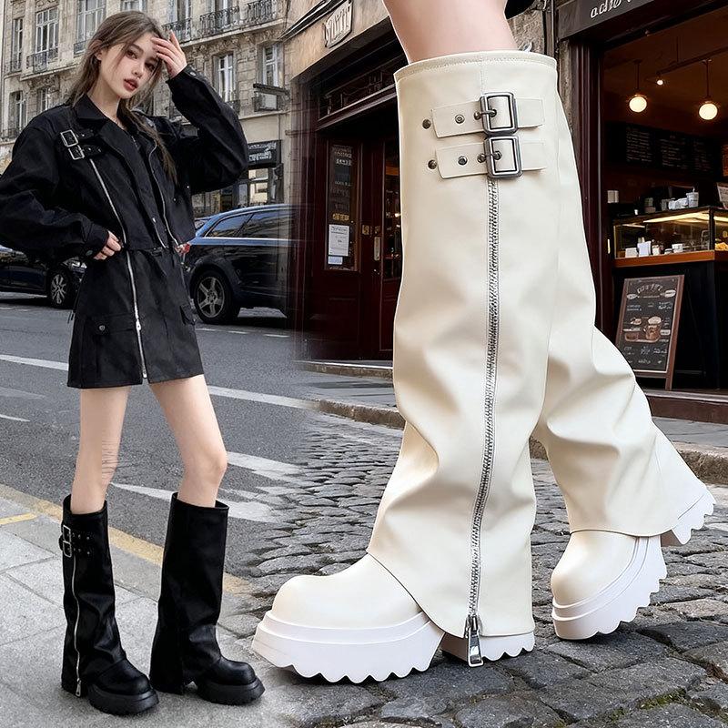 Thick-soled Tube Boots Stacking Boots Women's New Heightening Western Boots Long Boots High Knight Boots White High Heel Black