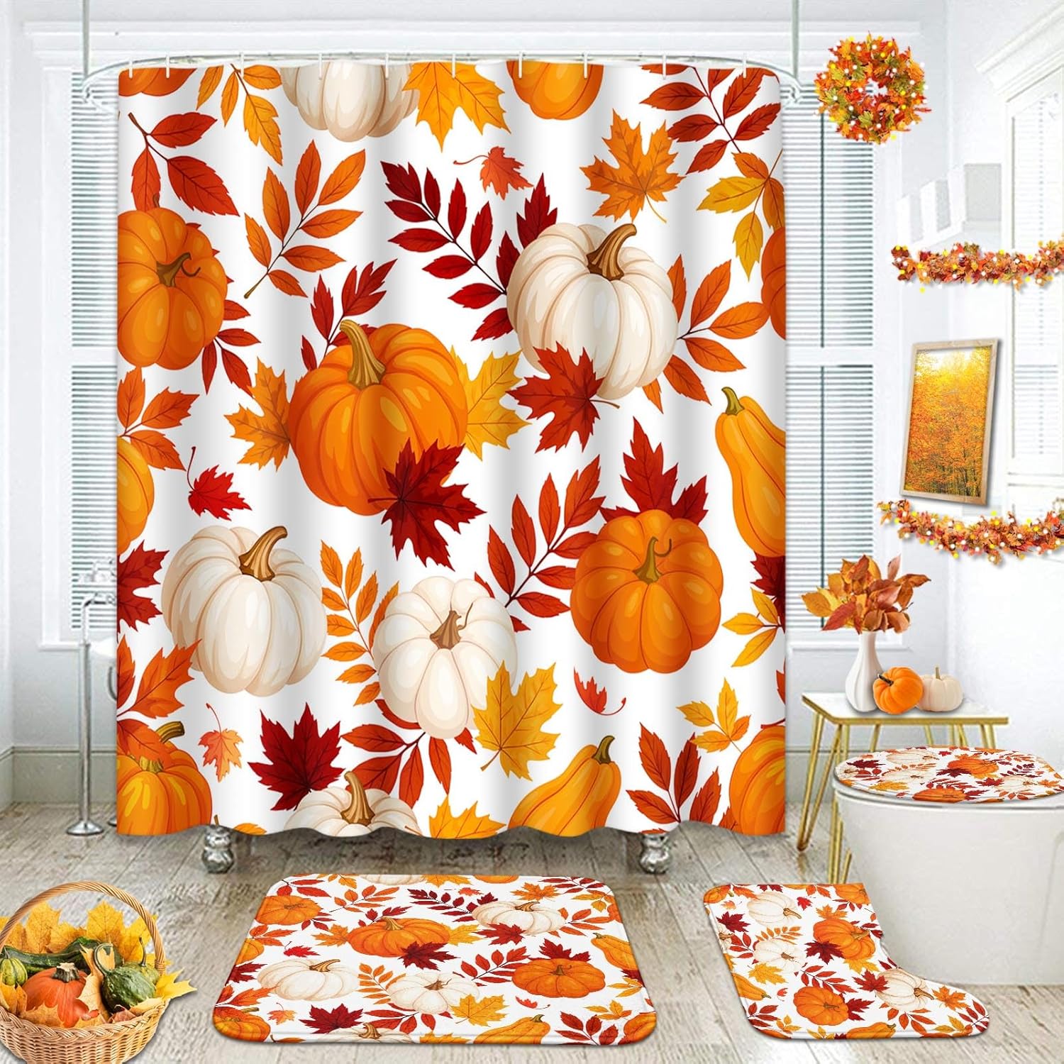 

Artsocket Fall Pumpkin Bathroom Set With Shower Curtain And Rugs Accessories, Pumpkin Maple Autumn Leaf Shower Curtain, Fall Bat W60H190(CM)-1 Pcs