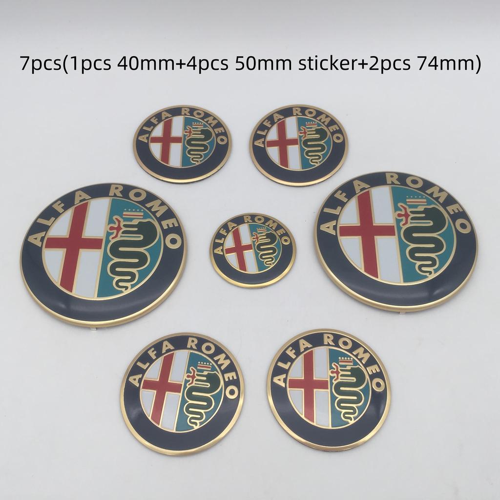 7pcs forAlfa Romeo Car emblem Wheel Cover caps front Hood badge rear Trunk Steering sticker Styling 2x74mm , 4x50mm,1x40mm