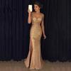 Bride Wedding Dress Women Evening V Neck Mesh Patchwork Sequin Sleeveless Split Hem Formal Attire Mermaid Shape Slim Fit Prom Party Banquet