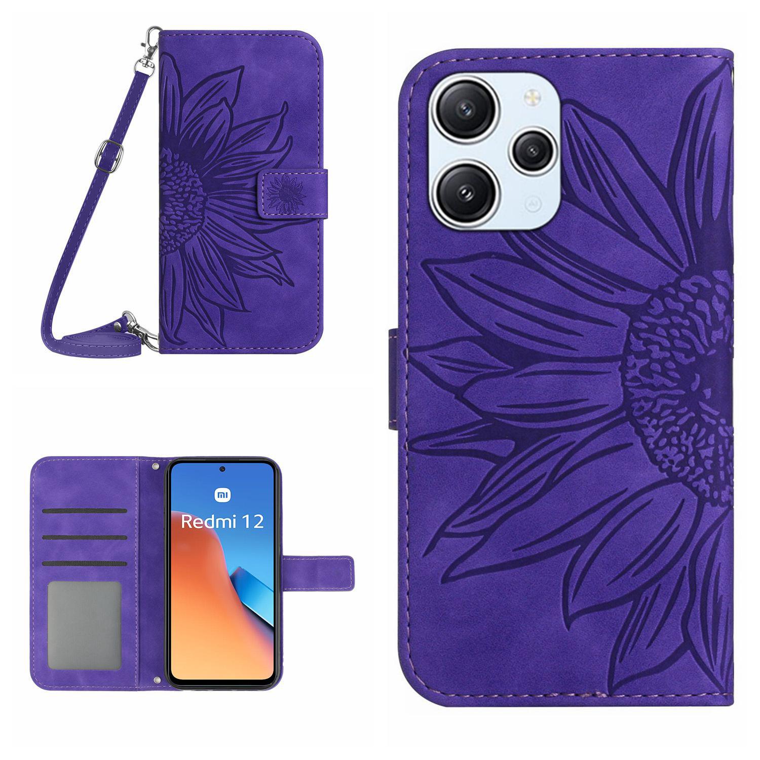 

HT04 For Xiaomi Redmi 12 4G Leather Wallet Stand Case Sunflower Imprinted Phone Cover with Shoulder Strap Dark Purple