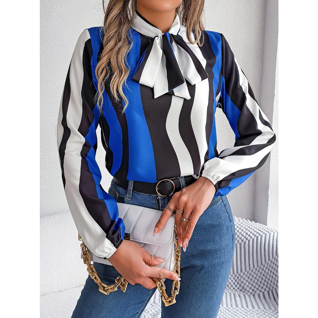 GMXIA Spring and Summer Stylish Contrasting Color Striped Tie Lantern Sleeve Chiffon Blouse for Women