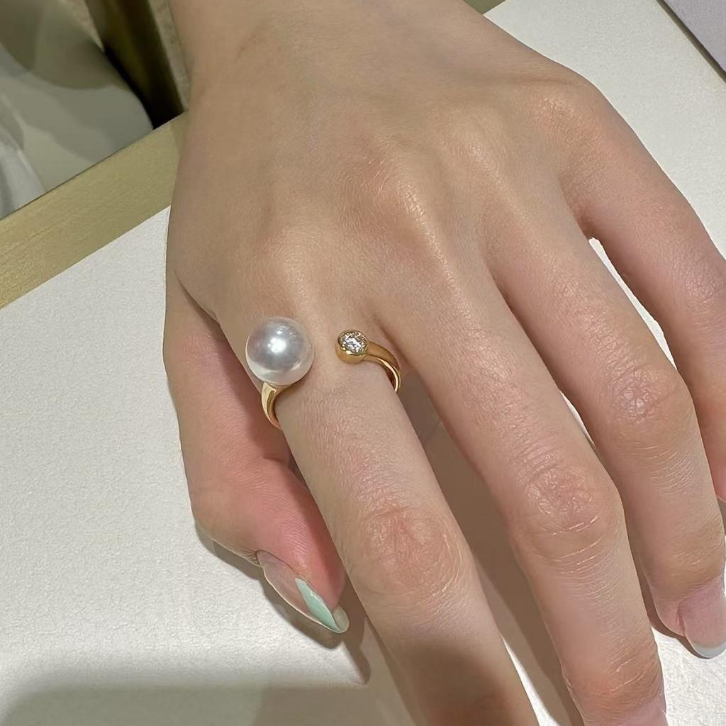 Very Simple Pearl Diamond Ring, Round And Flawless, Small Light Bulb, Light Luxury, High-End Gold Diamond Ring For Women