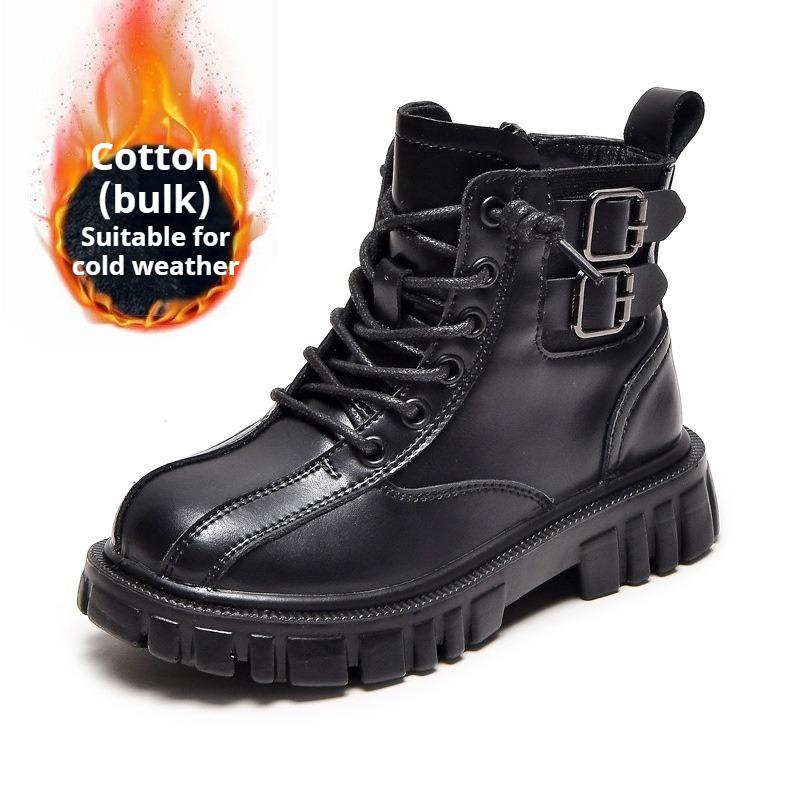 Boys' Fleece Cotton Boots Children's Non-slip British Style Cowhide Ankle Boots