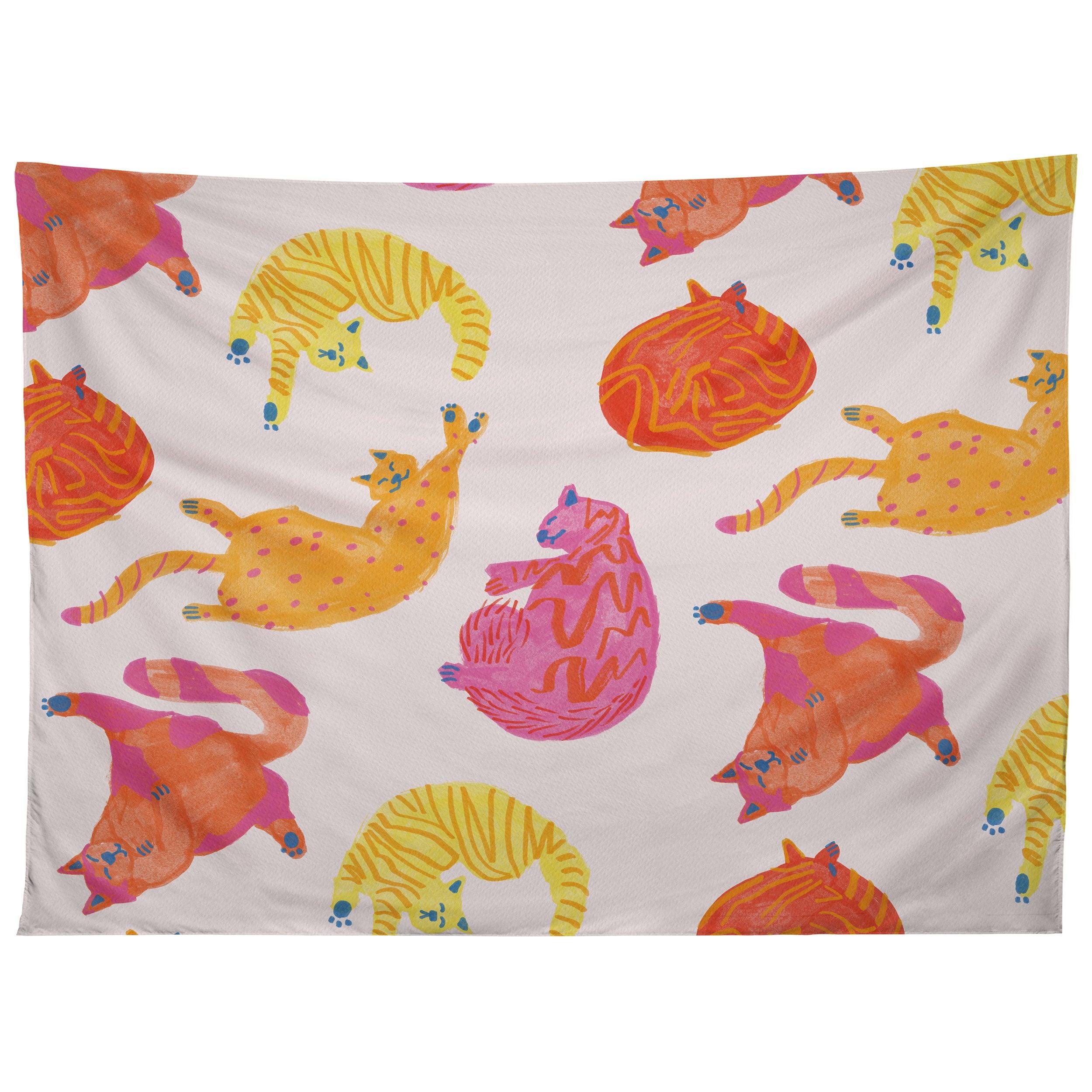 SLEEPY COZY KITTY CATS IN ORANGE tapestry 75x100