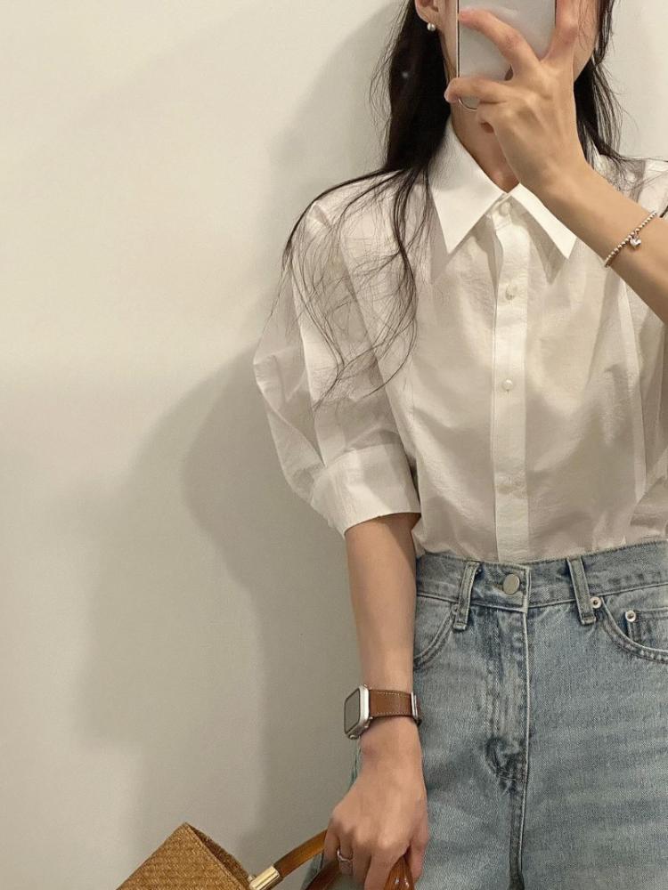 Bürodame Elegant Weiße Hemden Sommer Französische Textur Puffärmel Einreihige Kleidung Lässig Kurzarm Schicke Oberteile Damen