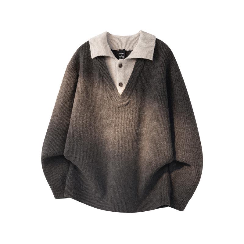 Japanese Style Men s Knitwear: High-Quality Fake Two-Piece Sweater Double Extra Large (2XL) коричневый