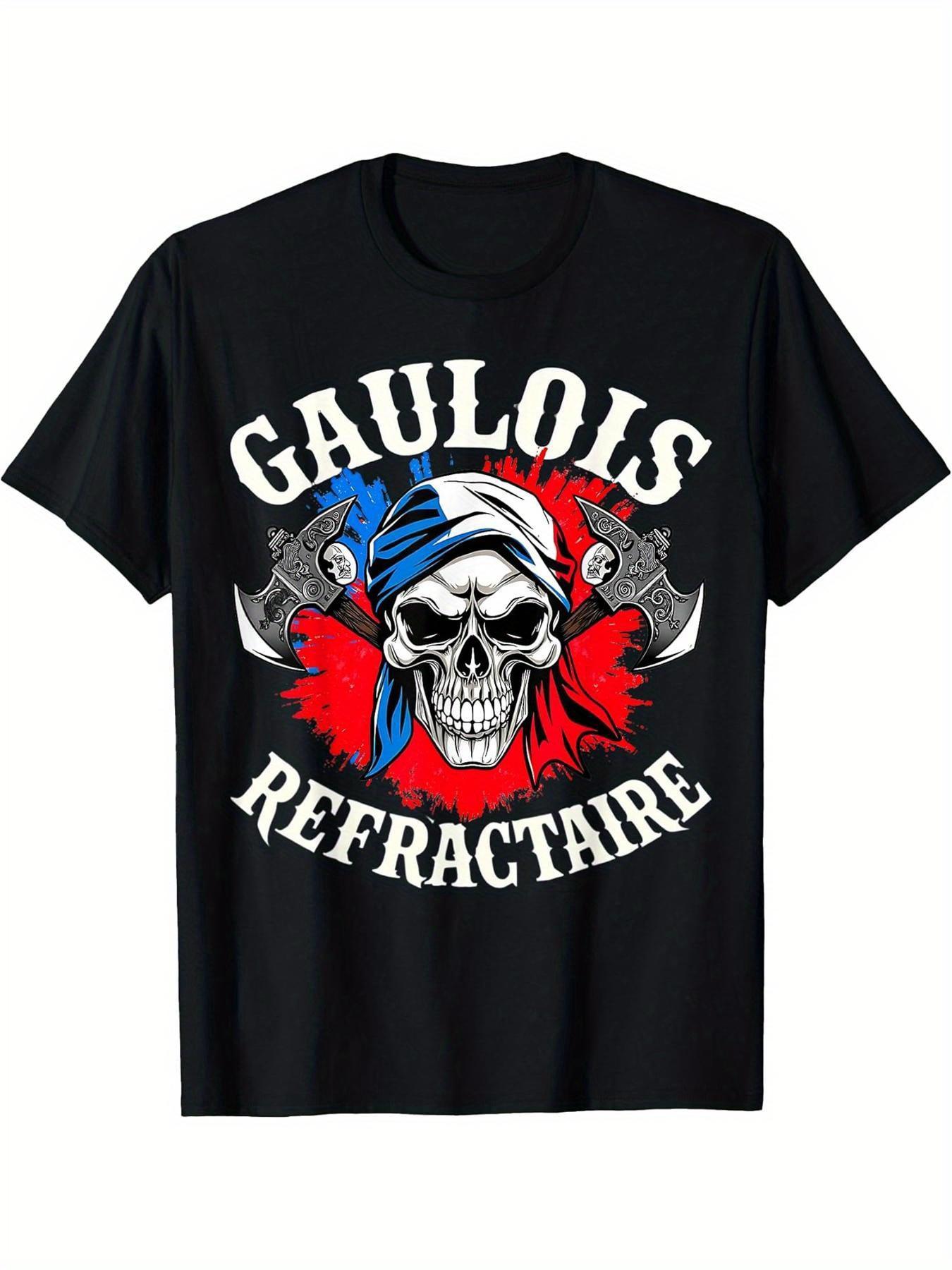 

Men S French Pride Gaulois Refractaire Graphic T-Shirt | Black with Gaulois Lettering & Tricolor Fleur-de-Lis Skull Design | Casual Round Neck L