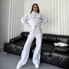 Women Winter 2 Piece Suit Half High Collar Zip Up Long Sleeve Top Elastic Waist Wide Leg Pocket Trousers
