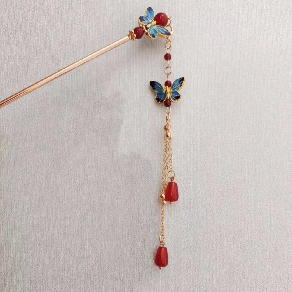 Dancing Butterfly Hairpin Vintage Chinese Metal Tassel Step Shake Clip Bun Colorful Retro Hair Jewelry with Classical Elegance