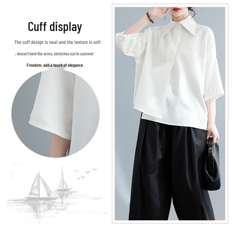Women's Black Loose-Fit Irregular Top with Three-Quarter Sleeves