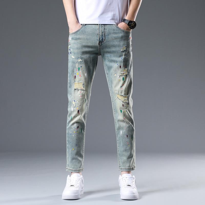 

Новые летние джинсы слим девять точек стрейч повседневные длинные брюки для мужчин 38