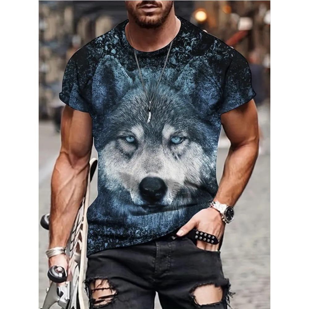 Men's Fashion 3D Pattern Fire Wolf Pattern Printed T-shirt Summer Extra Large Casual T-shirt Men's Fitness Short Sleeve Top