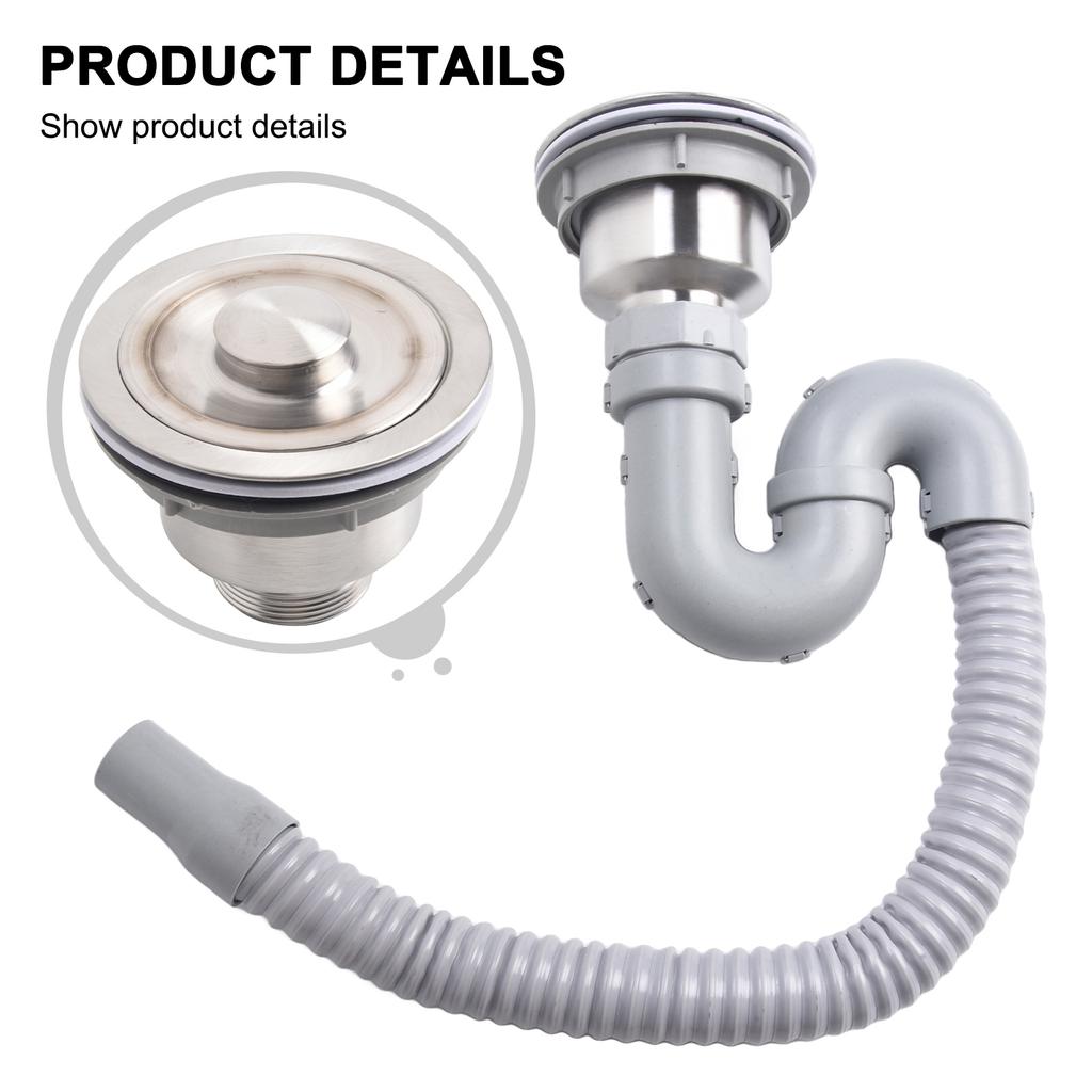 Single Tank Drain Sink Strainer Head S Bend Storage Water Stainless Steel Uninstall 45cm Drain Kit Kitchen Sink