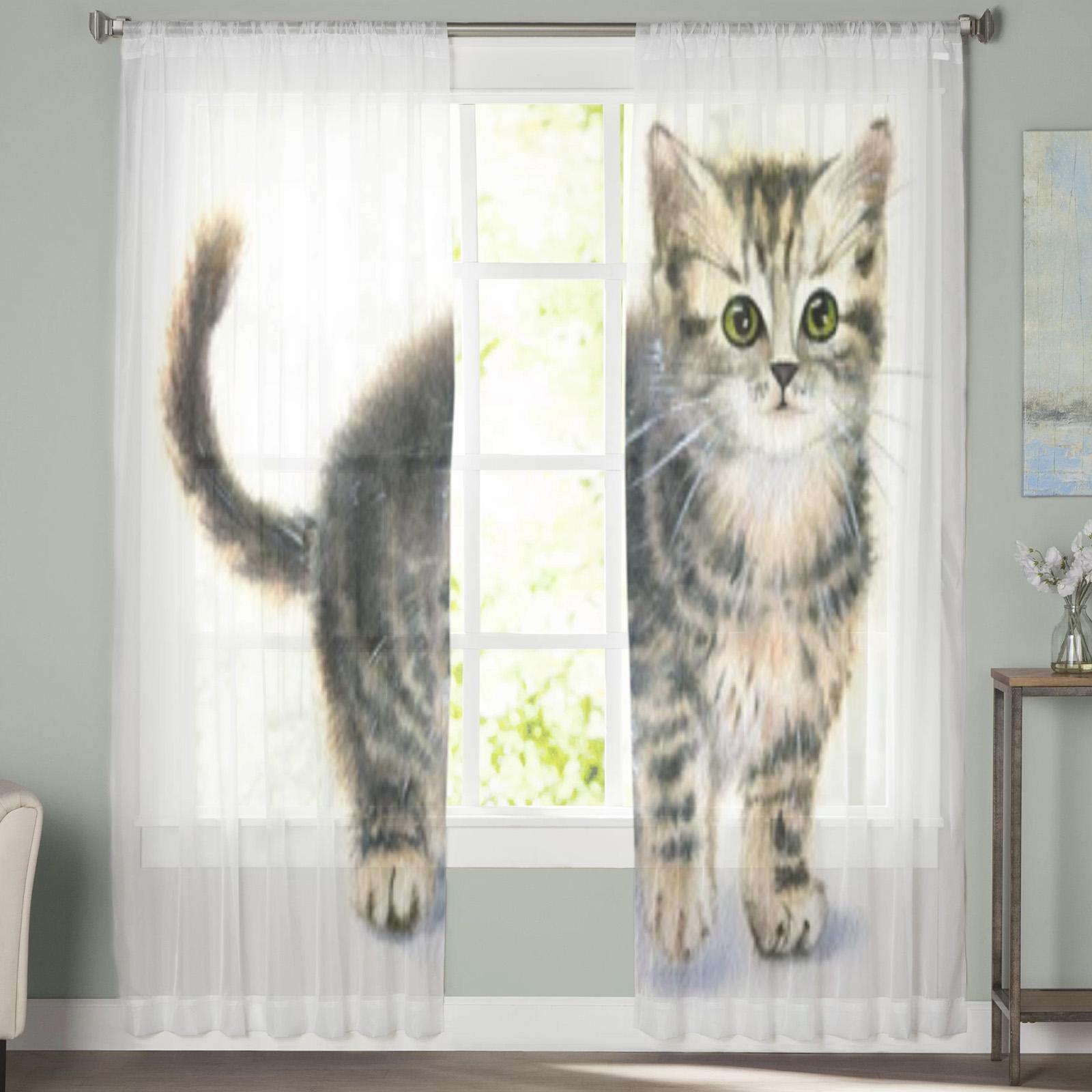 Акварельные прозрачные шторы с забавным милым котом для гостиной — фото 3