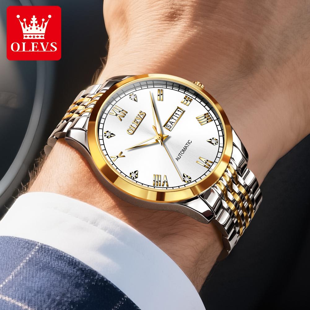 OLEVS Original Men's Watch Stainless Steel Dual Calenadr Classic Luxury Business Automatic Mechanical Wrist Watches for Man 6602