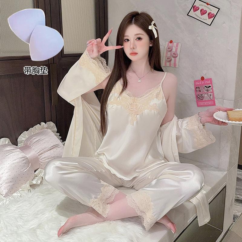 Summer new home wear ice and snow silk three-piece set, sweet fashion, sexy V-neck camisole pants for women