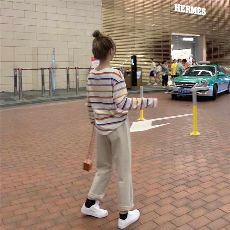 Women's Contrast Stripe Long-Sleeve T-Shirt - Autumn 2025 Korean Loose Casual Style