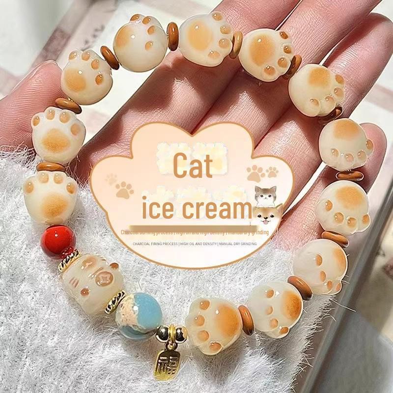Charcoal Caramel Lucky Cat Claw Beaded Bracelet - Cute Jewelry Gift for Her
