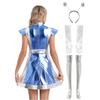 Womens Alien Cosplay Costume Space Fighter Design Metallic Shiny Dress Hair Hoop Long Gloves Stockings