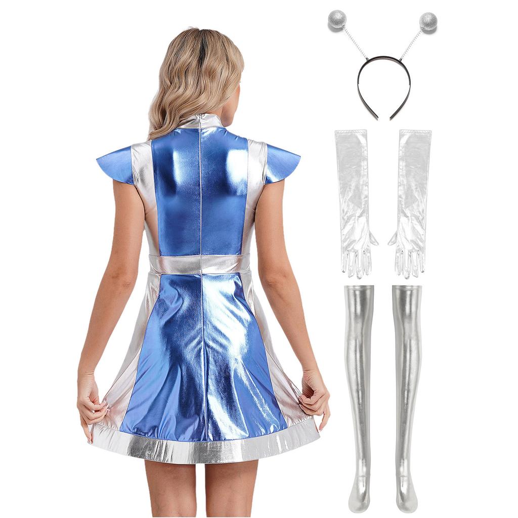 Womens Alien Cosplay Costume Space Fighter Design Metallic Shiny Dress Hair Hoop Long Gloves Stockings