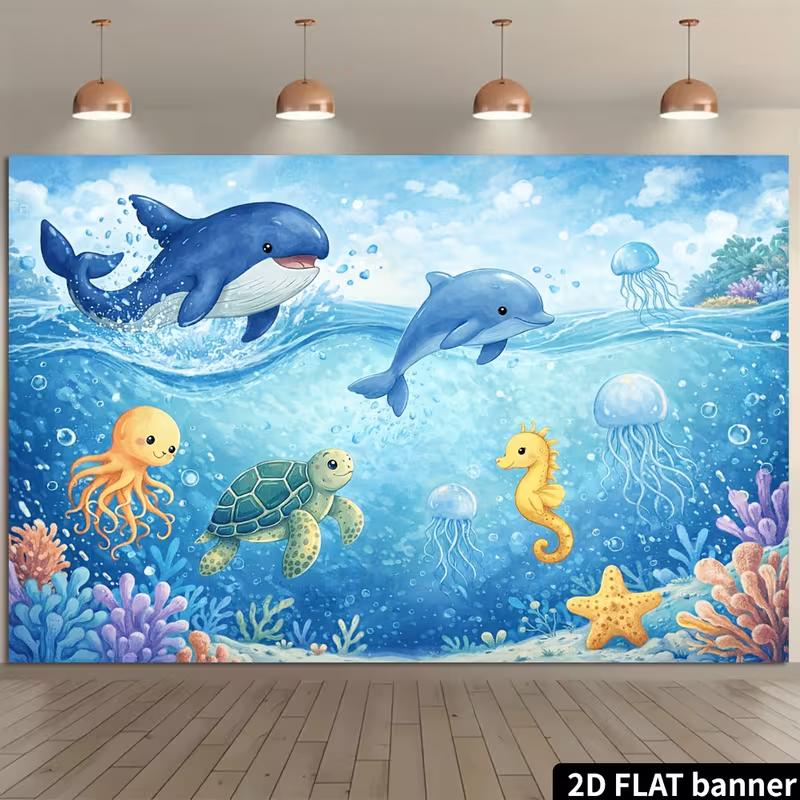 2D Ocean Animals Backdrop Dolphin Whale Turtle Octopus Photography Background