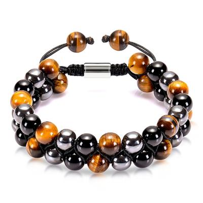 Bracciale da Uomo Intrecciato a Doppio Strato con Perle Occhio di Tigre Blu