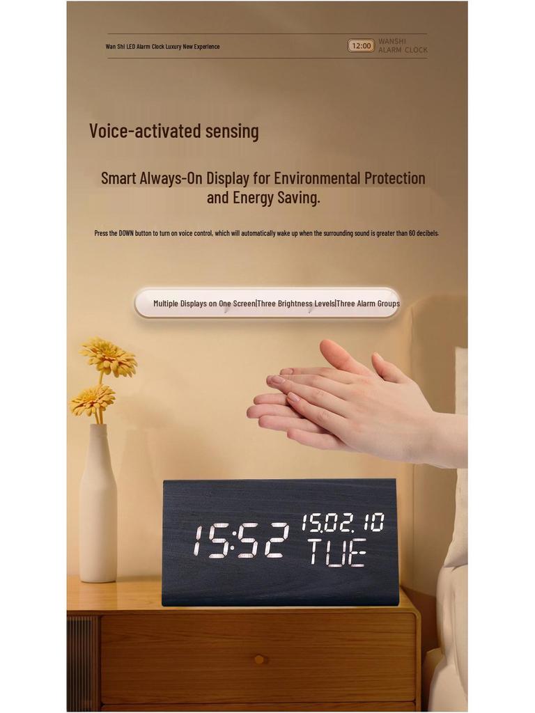 Triple Display LED Wooden Alarm Clock with Silent, Luminous Features and Perpetual Calendar