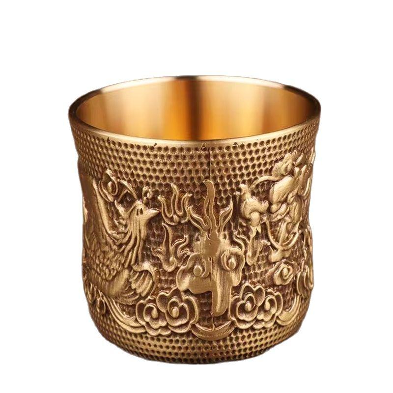 Brass Engraved Phoenix Mini Spirits Vodka Cup Liquor 50ml Retro Bronze Portable Personalized Tea Tumbler Glases Home Decorative
