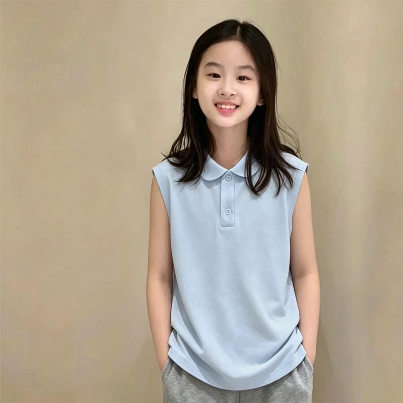Korean-Style Girls' Cotton Sleeveless Polo Shirt - Trendy Summer Top for Middle & Older Children