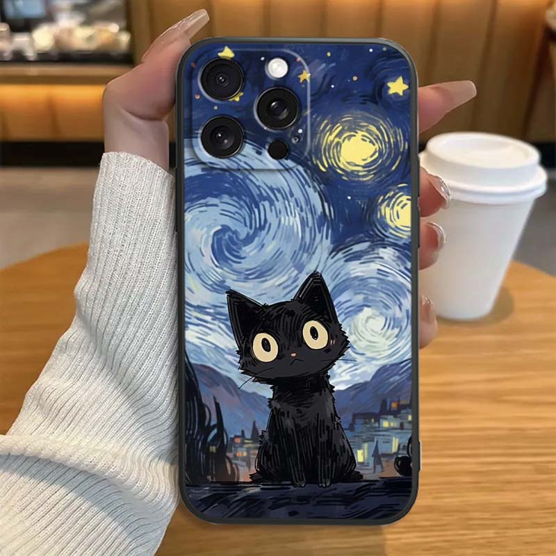 Cute cartoon cat illustration For Apple iPhone 17 16 16E 15 14 13 12 11 Pro Max Plus Black Soft Silicone Phone Case