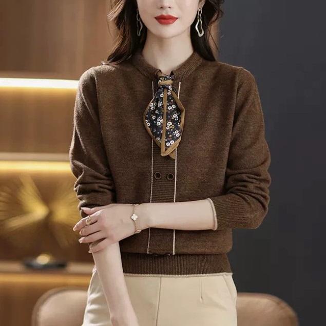 Top pulover tricotat în stil occidental pentru mamă de vârstă mijlocie Pulover de bază tricotat pentru femei de vârstă mijlocie și vârstnice Dantelă care reduce vârsta