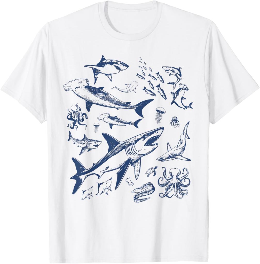 Shark Octopus Ocean Wildlife Graphic Tee Retro Nature Print Cotton Short Sleeve TShirt