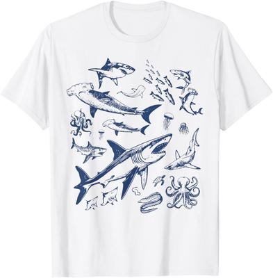 Hai Oktopus Meeresleben Grafik T-Shirt Retro Naturdruck Baumwolle Kurzarm T-Shirt