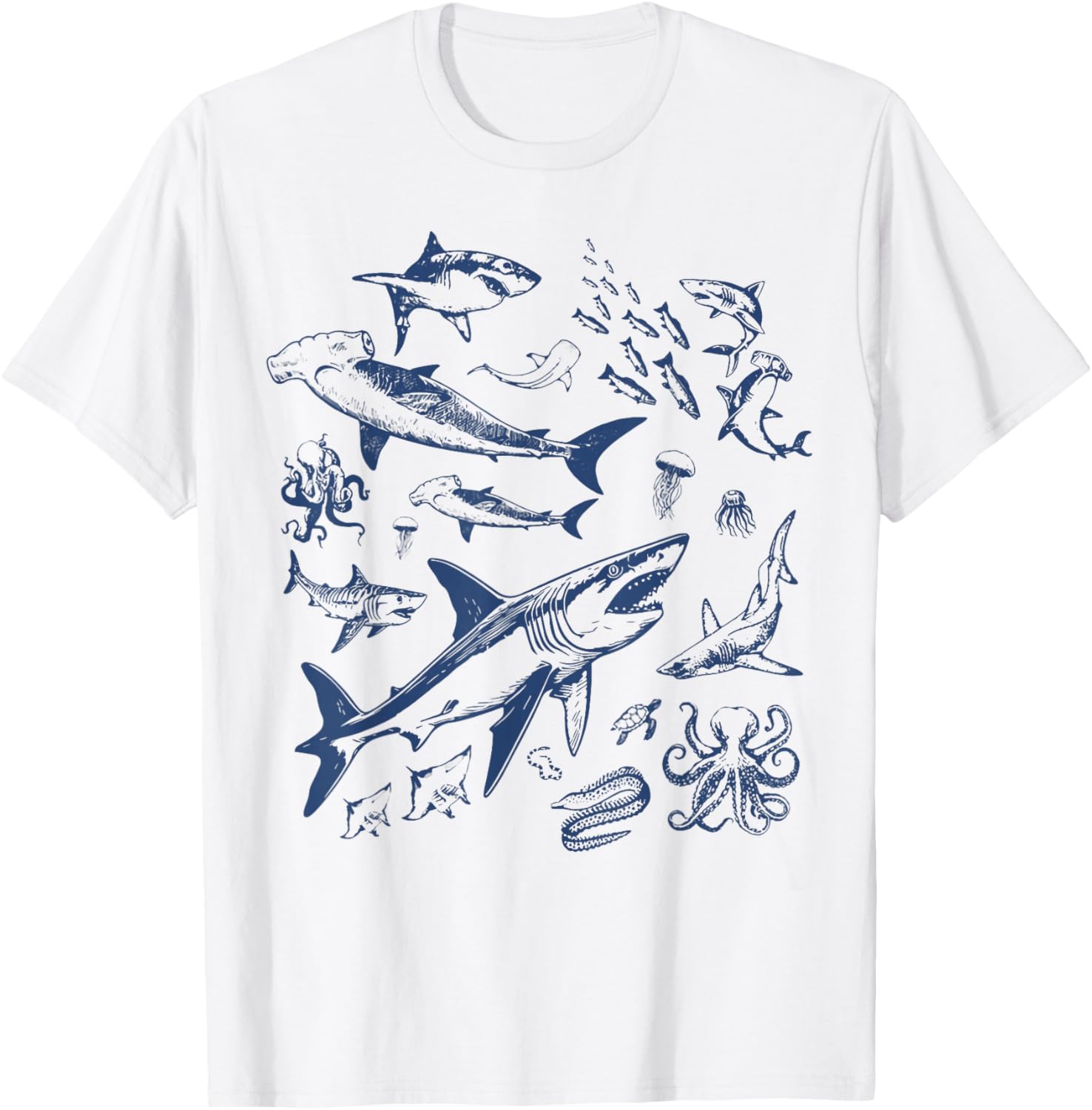 Shark Octopus Ocean Wildlife Graphic Tee Retro Nature Print Cotton Short Sleeve TShirt L