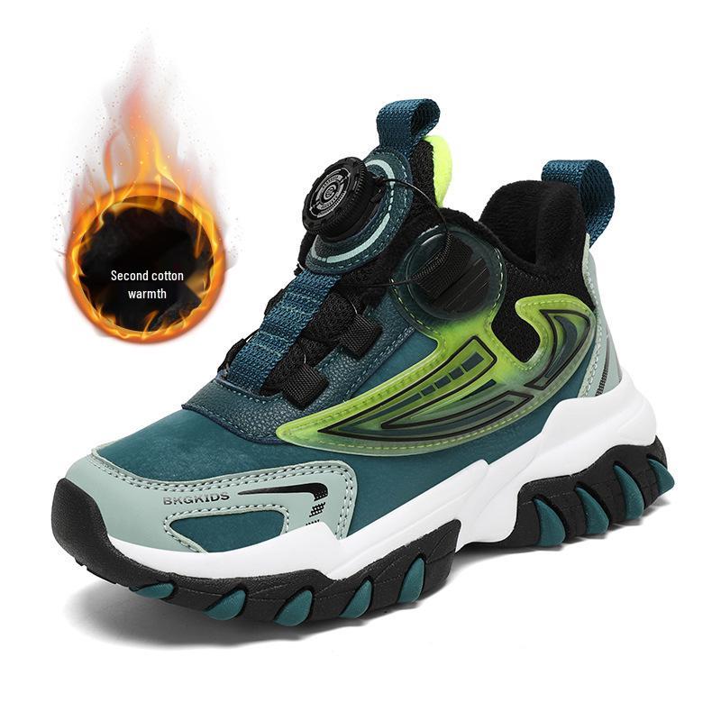 Waterproof Leather Boys' Sports Shoes with Rotating Button, Cotton and Velvet Lining, for Teens and Big Kids