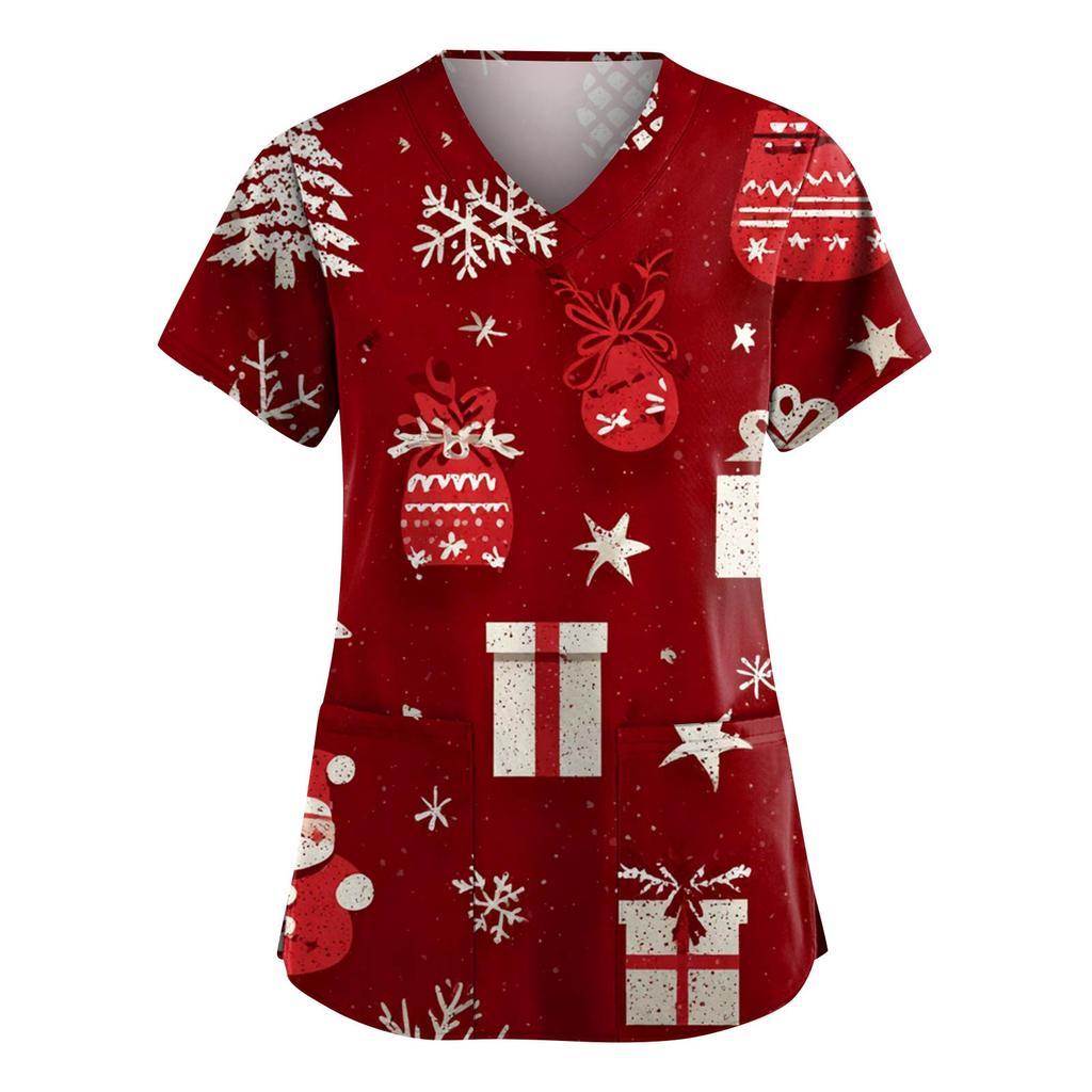 Women's Fashion V-Neck Short-Sleeved Workwear With Pockets Christmas Print Top Caregiver Uniform