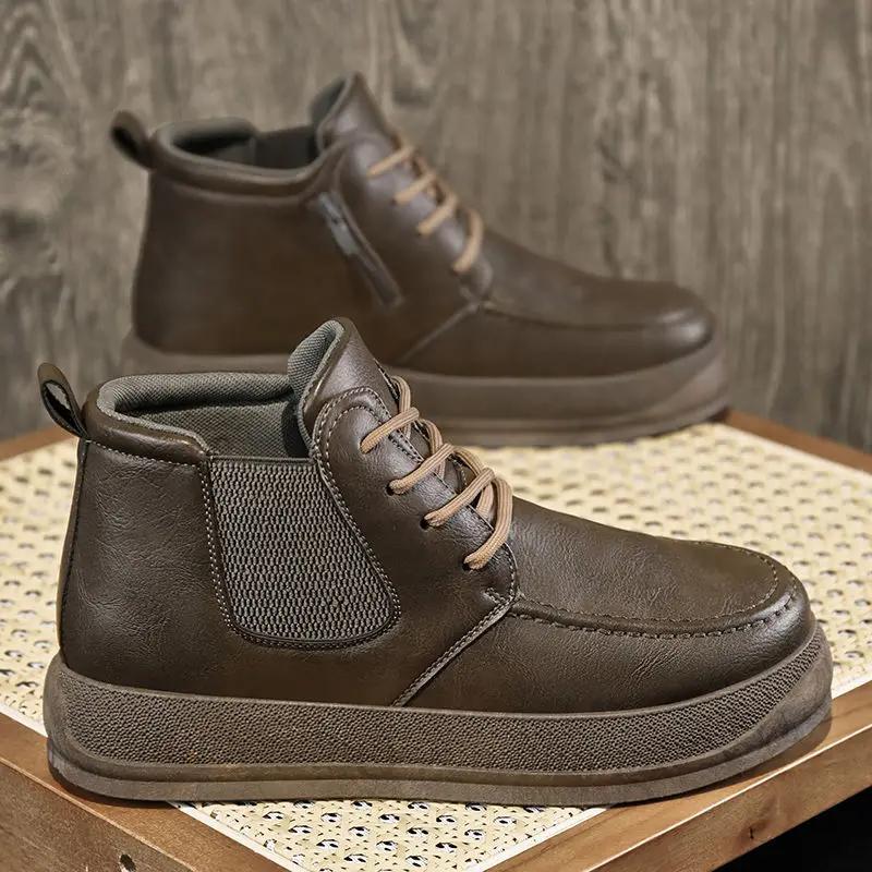 Thick Sole Man Casual Boots Non Slip and Waterproof Platform Leather Shoes for Men Lace Up Designer Elegant Pu New In On Sale