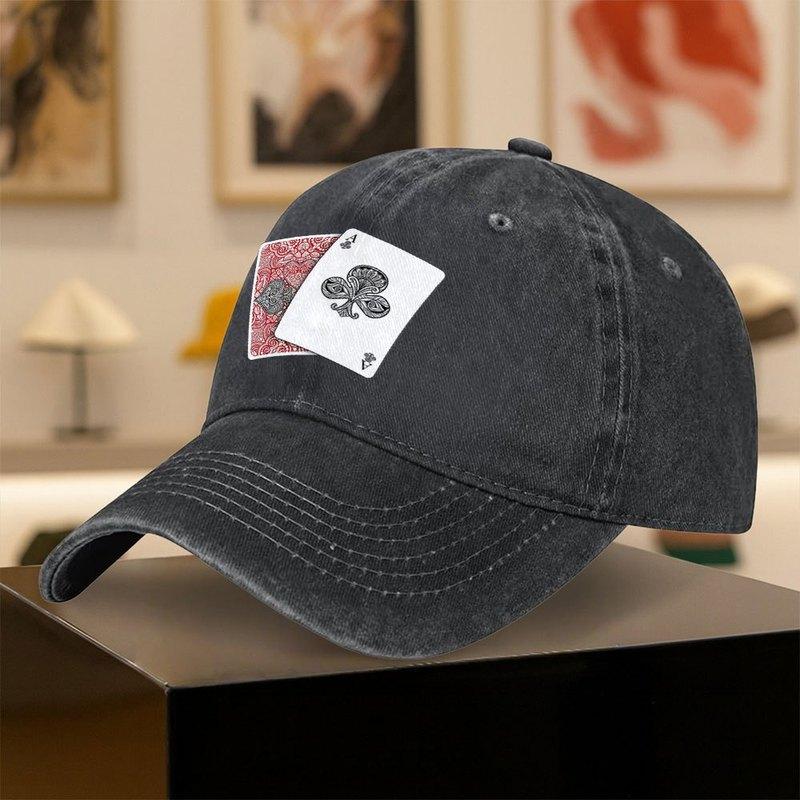 Vintage Washed Duckbill Baseball Cap with Playing Card Pattern Print Unisex Fashion Hat for Outdoor Sports Daily Wear