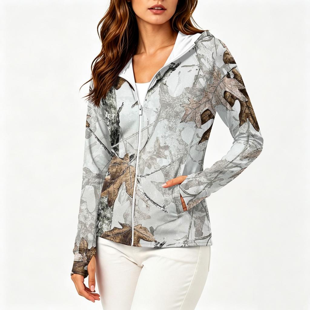 Women's Lightweight Zip-Up Hooded Jacket with Long Sleeves Pockets and Camouflage Print Sun Protection Outerwear