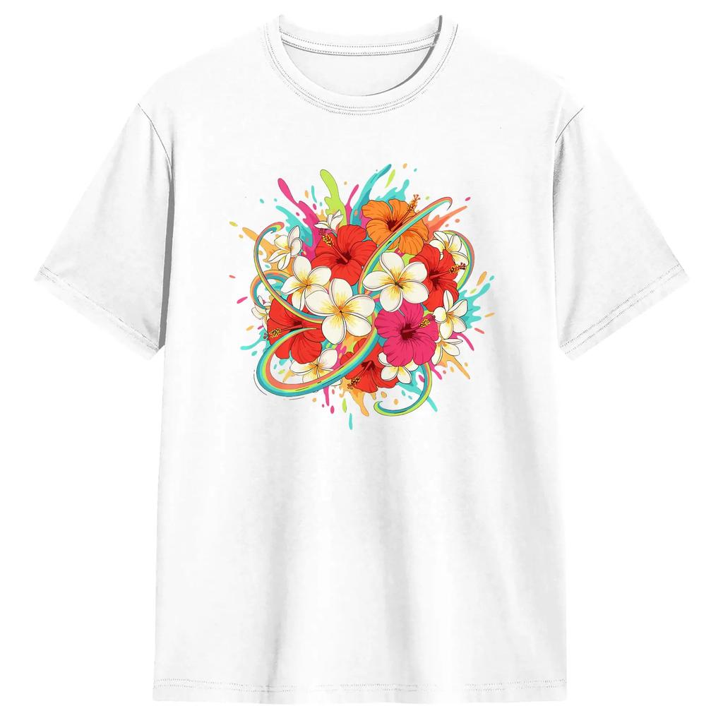 Unisex Hawaiian Summer Floral Hibiscus Plumeria Bouquet Comt Colors Adult Heavyweight T Shirt Clothes Short Sleeve Crewneck Tees