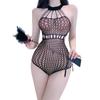 Open Crotch Jacquard Fishnet Bodysuit Set with Tearable Stockings