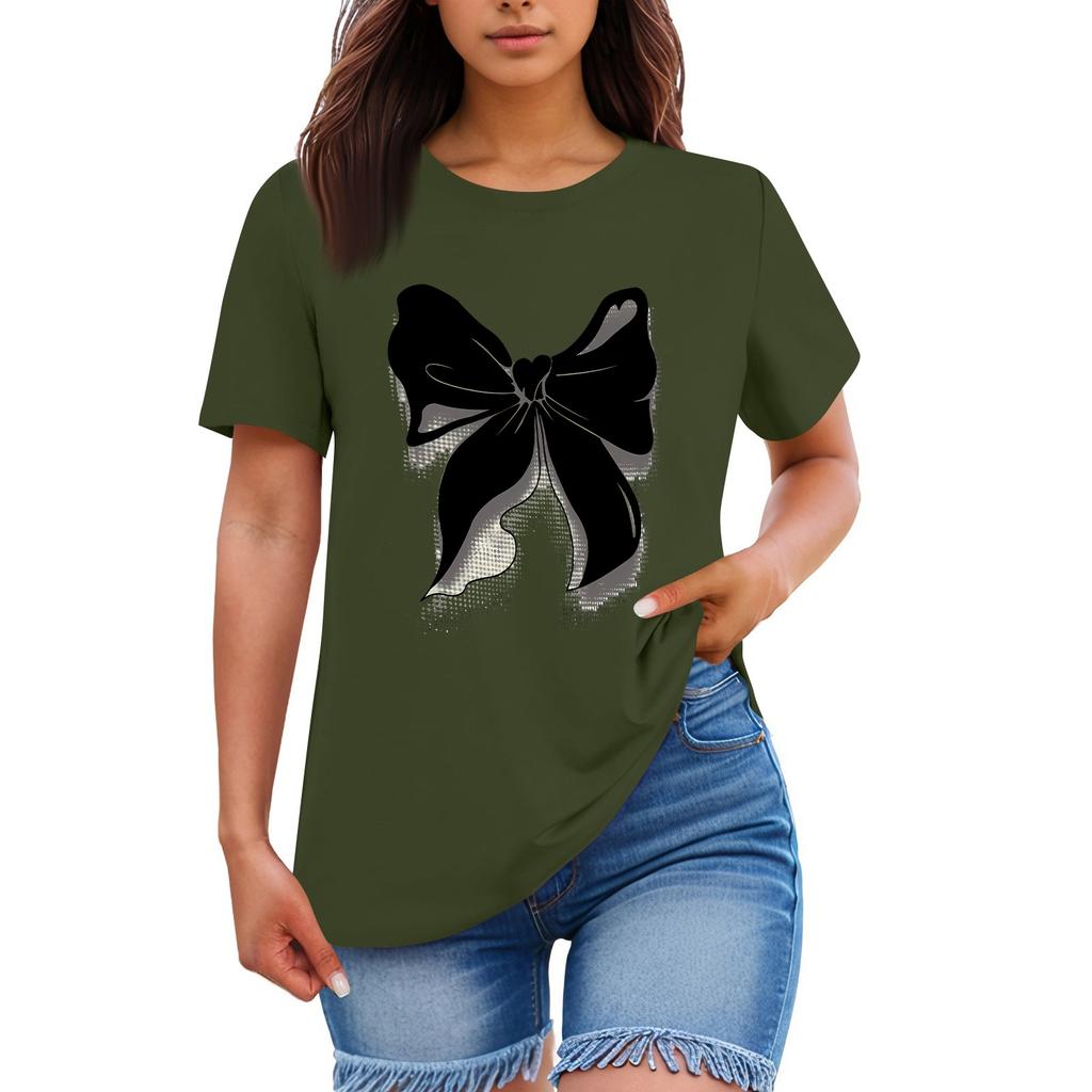Ladies' Loose Comfortable Casual Fashionable  Bow Pattern Printed Round Neck Short Sleeved Shirt