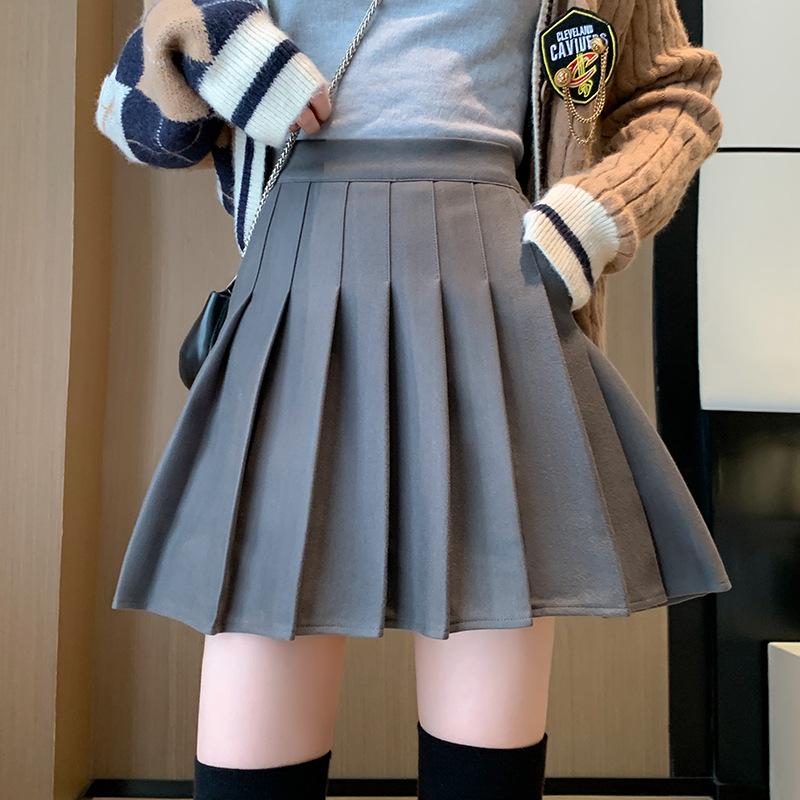 High-Waist Wool Pleated A-Line Skirt with Pockets - Slim Fit, Large Sizes for Autumn & Winter